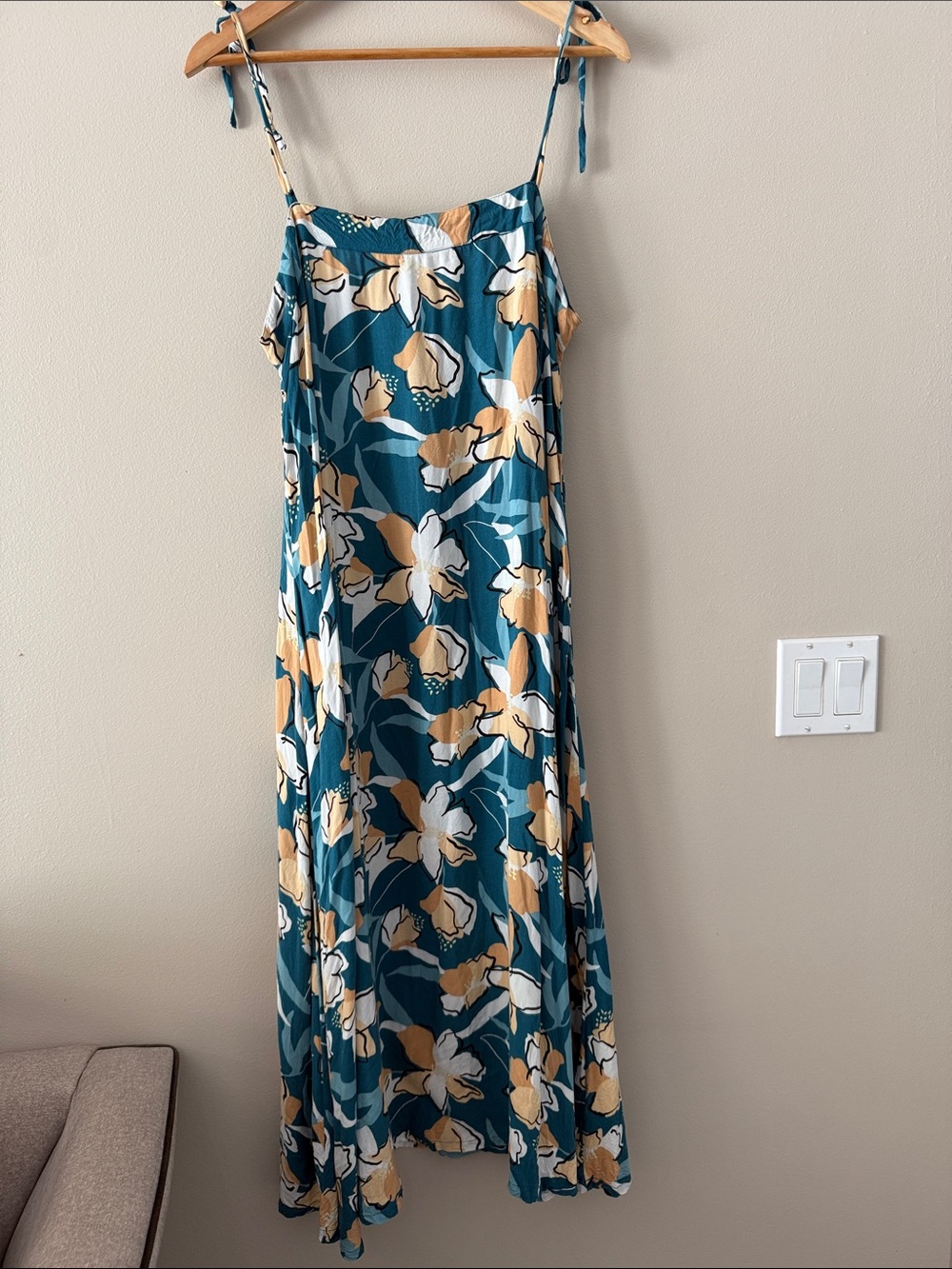 Roxy Teal Floral Tie-Strap Maxi Dress XL Costal Beach Vacation Flowy